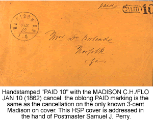 Madison, FL handstamped PAID 10 on cover